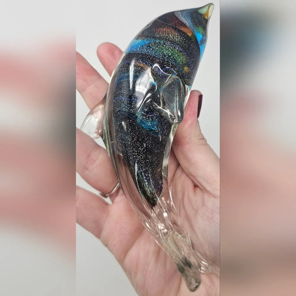 Dolphin Figurine Hand Blown Crystal Glass  Paperweight Multicolor Space  6x3 - Picture 4 of 8